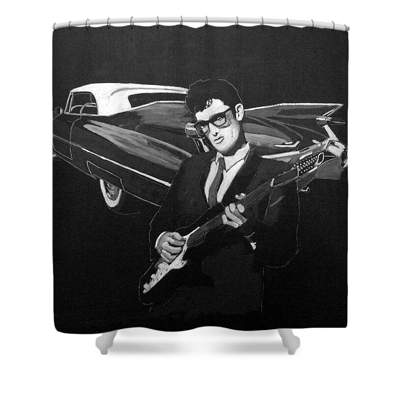 Car Shower Curtain featuring the painting Buddy Holly and 1959 Cadillac by Richard Le Page