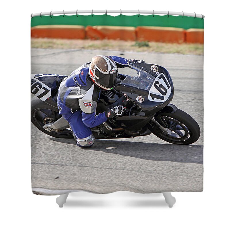 Motorsports Shower Curtain featuring the photograph Buell in the Corner by Shoal Hollingsworth