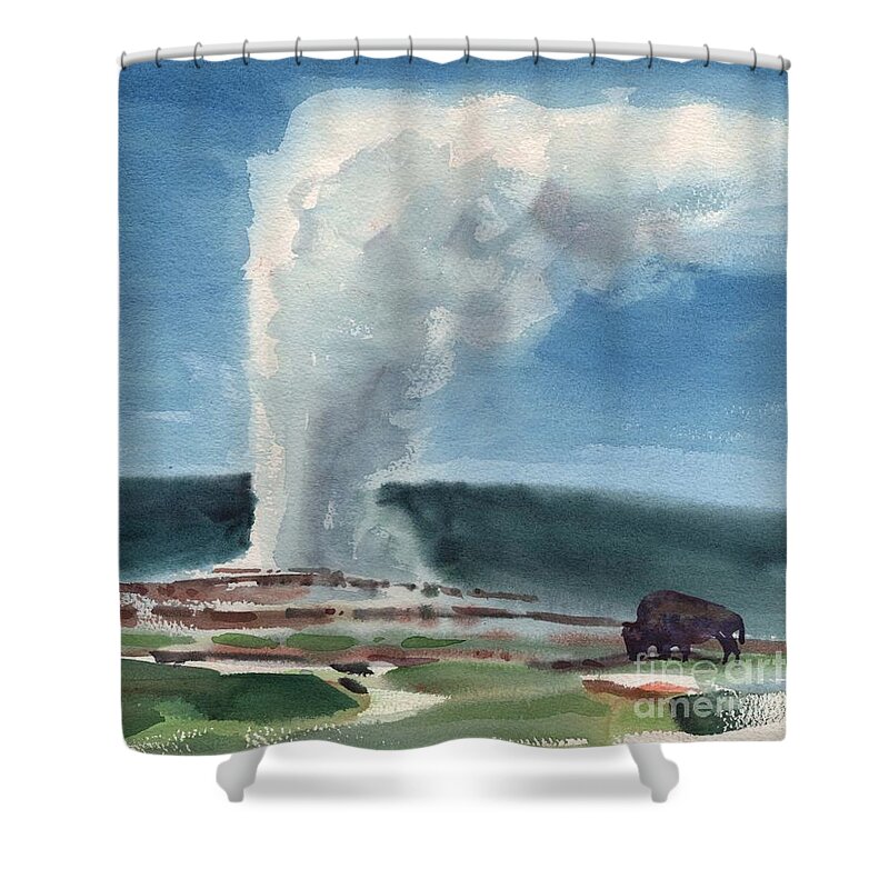 Yellowstone Shower Curtain featuring the painting Buffalo and Geyser by Donald Maier