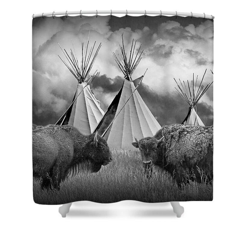 Native Shower Curtain featuring the photograph Buffalo Herd among Teepees of the Blackfoot Tribe by Randall Nyhof