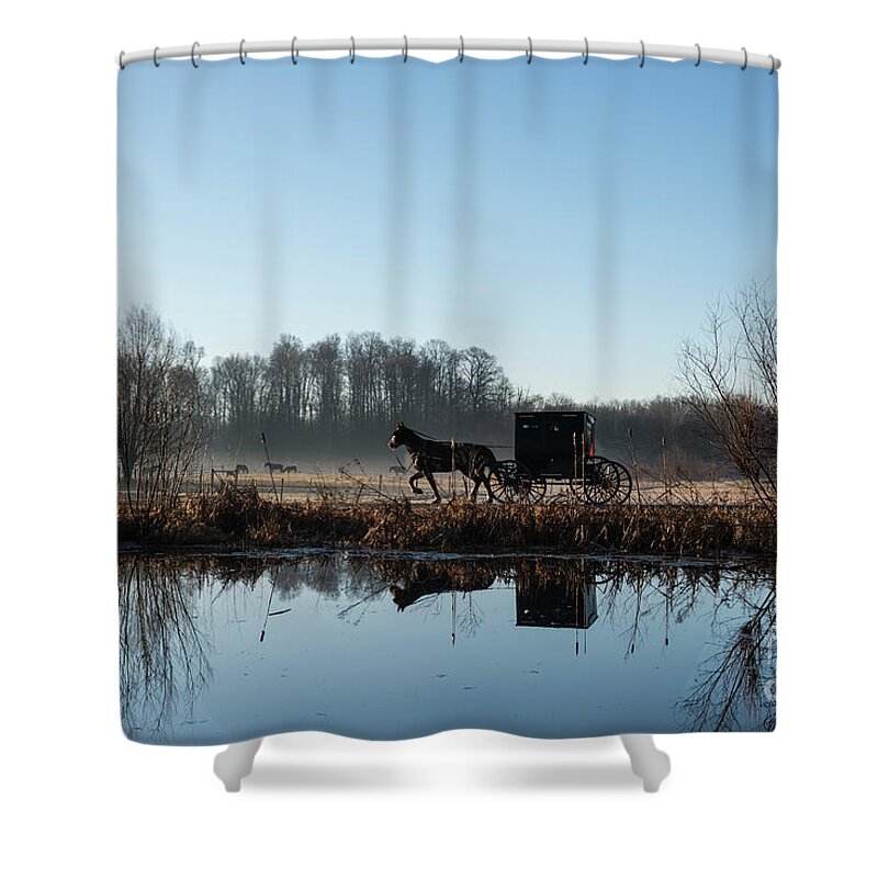 Amish Shower Curtain featuring the photograph Buggy Reflected in Pond by David Arment