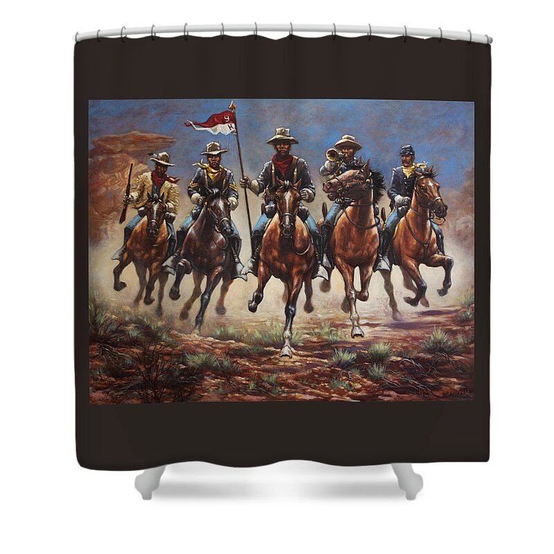 Buffalo Soldiers Shower Curtain featuring the painting Bugler And The Guidon by Harvie Brown