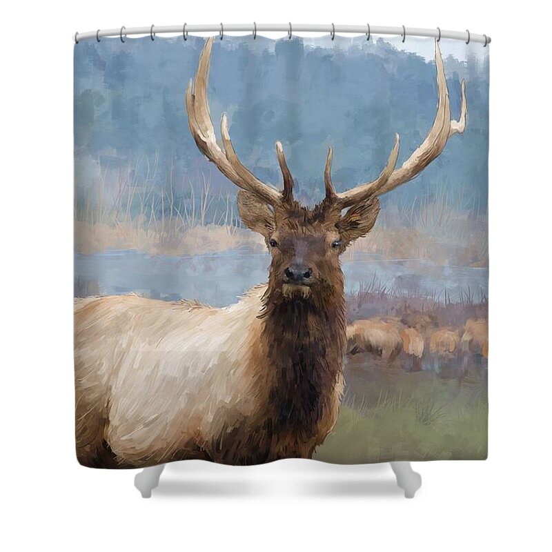 Animal Shower Curtain featuring the digital art Bull elk by the river by Debra Baldwin