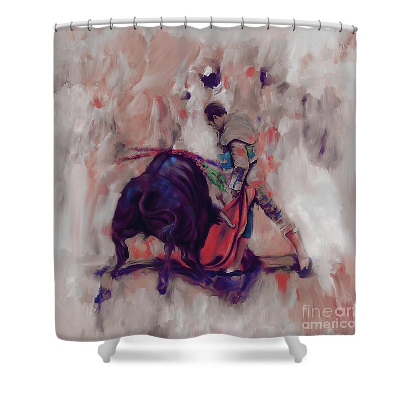 Toreador Shower Curtain featuring the painting Bull Fight 009K by Gull G