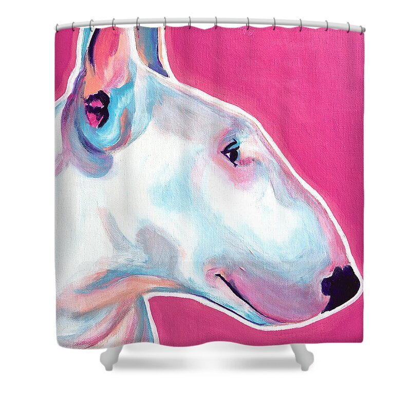 Bull Terrier Shower Curtain featuring the painting Bull Terrier - Bubblegum by Dawg Painter