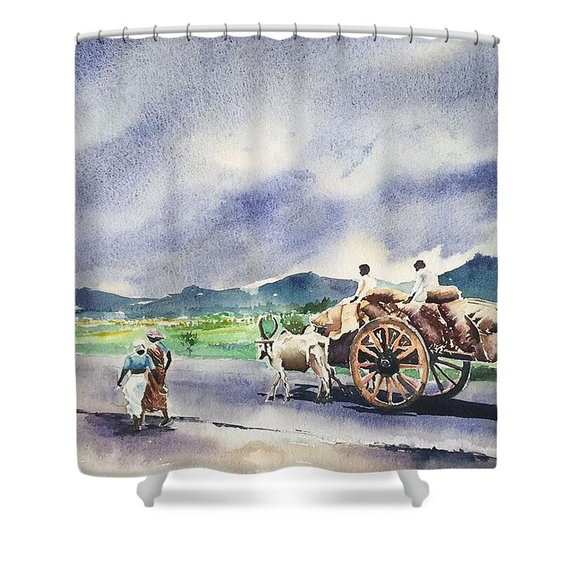 Bullock Cart Shower Curtain featuring the painting Bullock cart by George Jacob