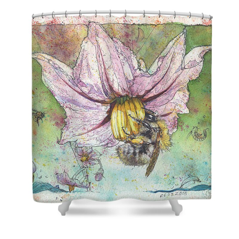 Bees Shower Curtain featuring the painting Bumble-Bee and Aubergine-Flower by Petra Rau