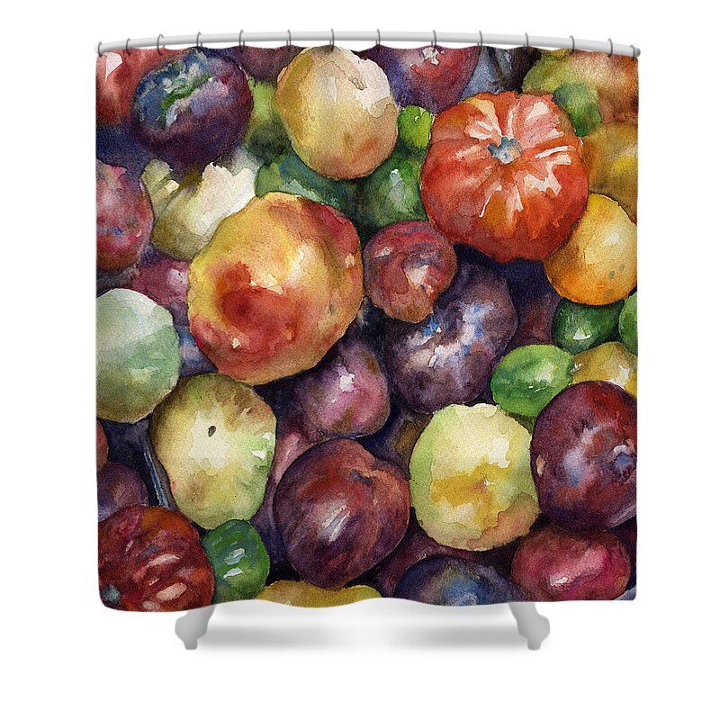 Heirloom Tomatoes Painting Shower Curtain featuring the painting Bumper Crop of Heirlooms by Anne Gifford