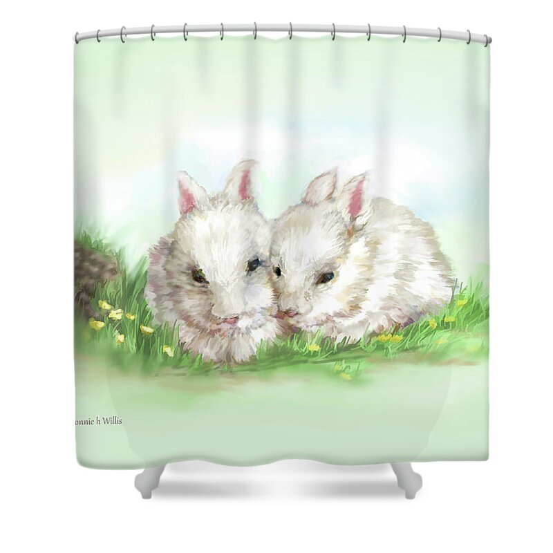 White Shower Curtain featuring the digital art Bunny Love in Color by Bonnie Willis