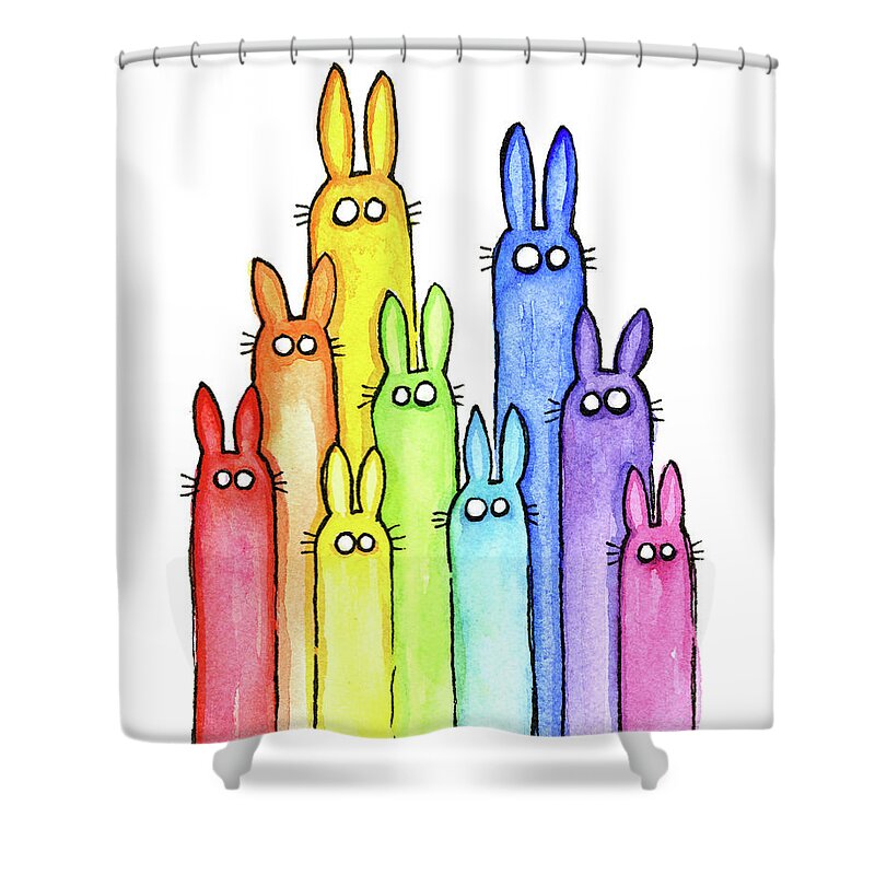 Baby Shower Curtain featuring the painting Bunny Rabbits Watercolor Rainbow by Olga Shvartsur