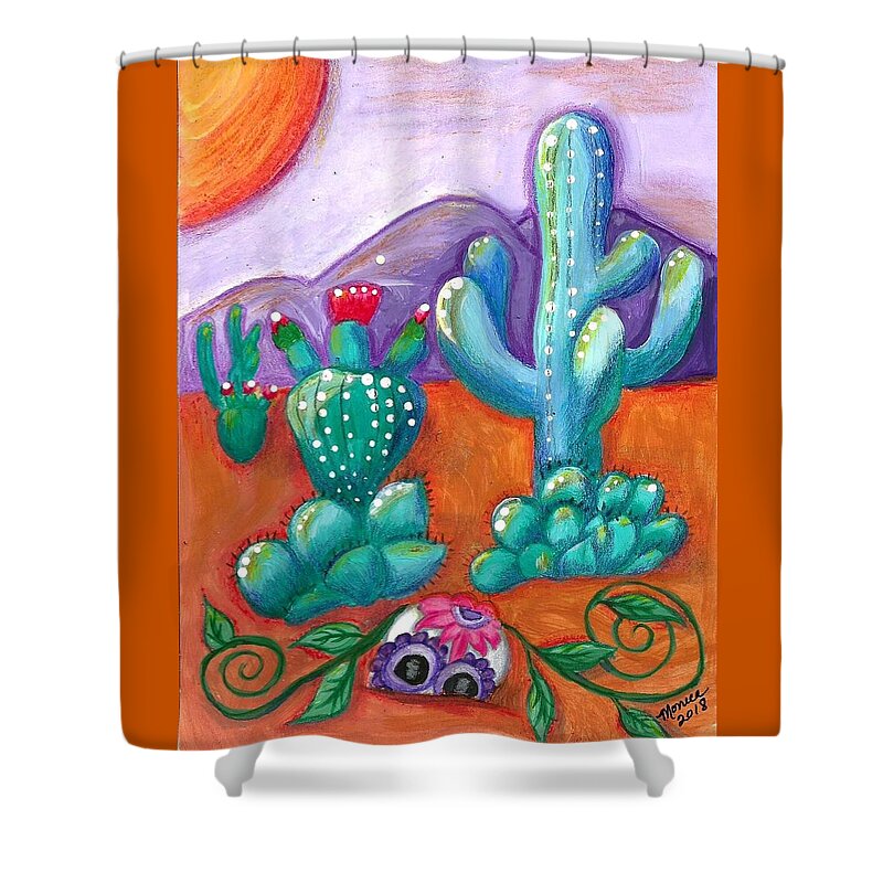Sugar Skull Shower Curtain featuring the painting Buried Sugar Skull in Desert by Monica Resinger