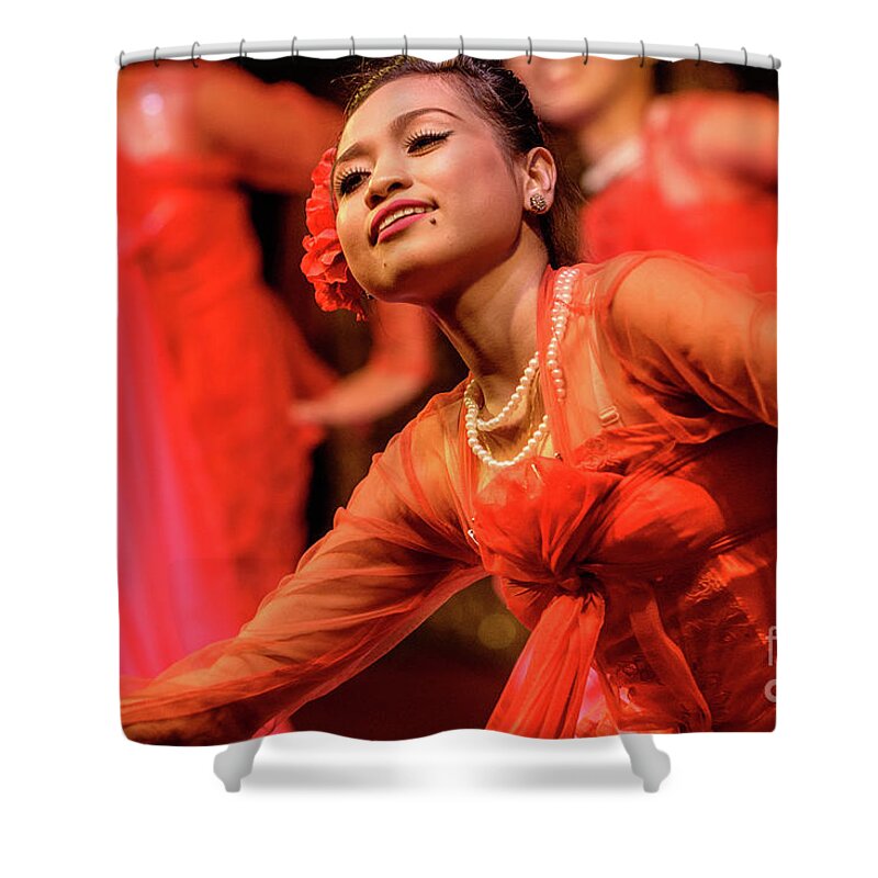 Dance; Ethnic; People;performer;performance;red;motion;movem Shower Curtain featuring the photograph Burmese Dance 1 by Werner Padarin