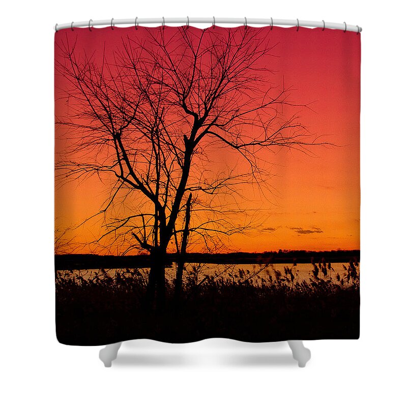 Sunrise Shower Curtain featuring the photograph Burning Skies Rural / Rustic Sunset Silhouette Landscape Photo by PIPA Fine Art - Simply Solid