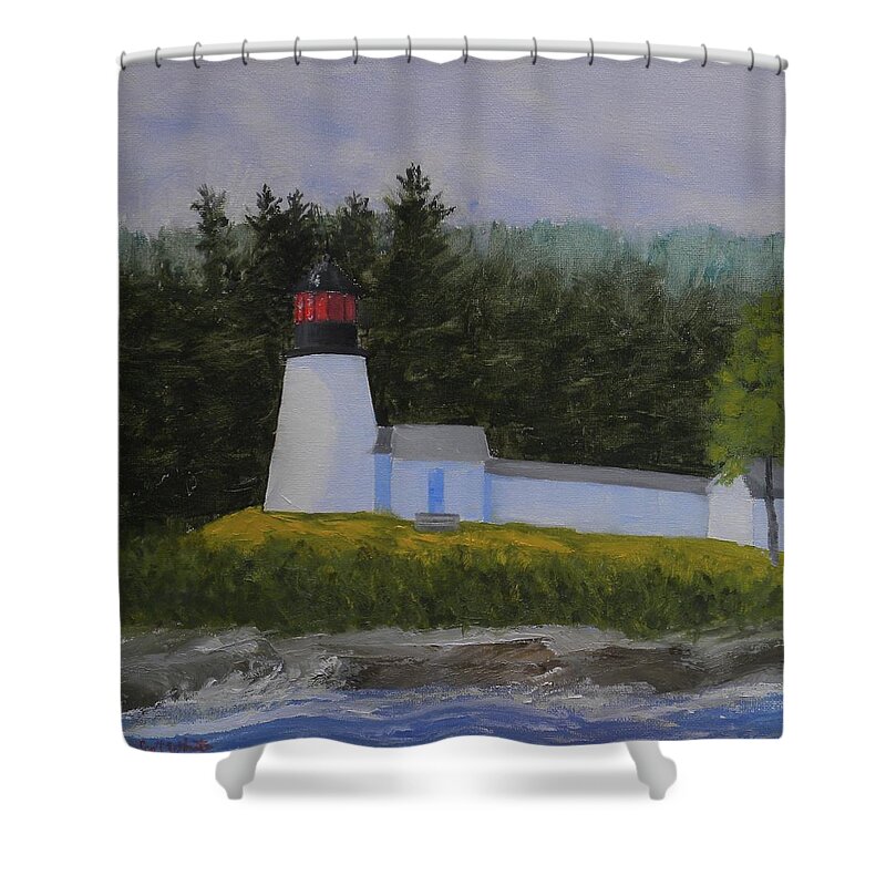 Lighthouse Landscape Ocean Seascape Burnt Island Boothbay Maine Shower Curtain featuring the painting Burnt Island Light by Scott W White