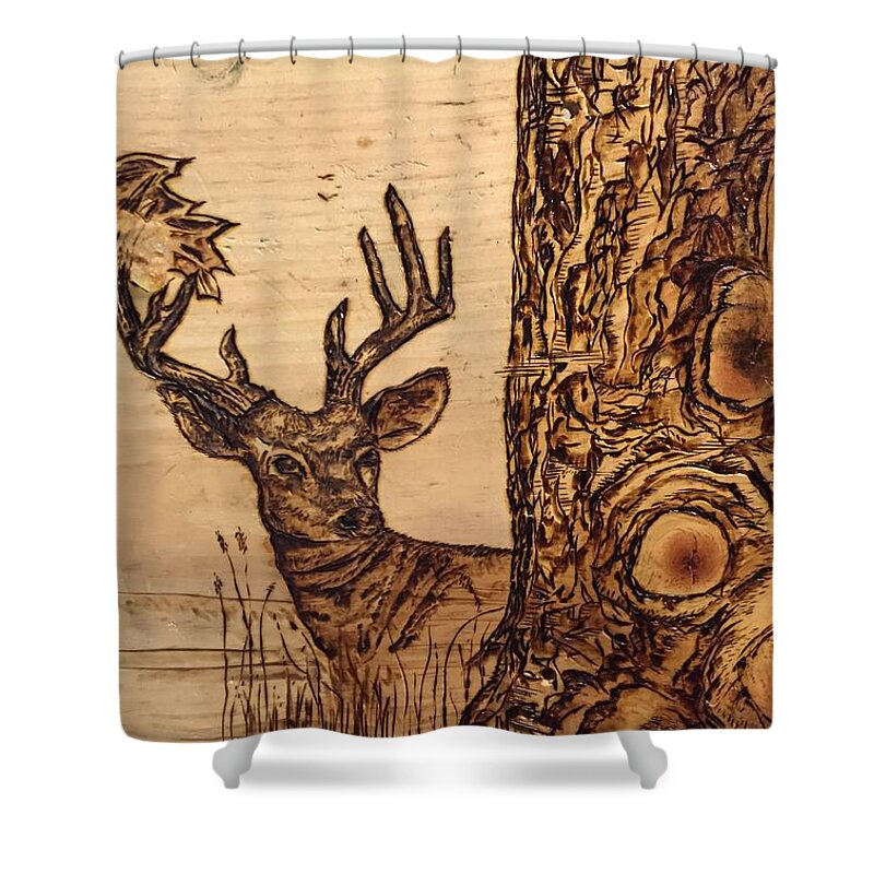 Buck Shower Curtain featuring the mixed media Burnt Pine View by Mikel Zuiderveen