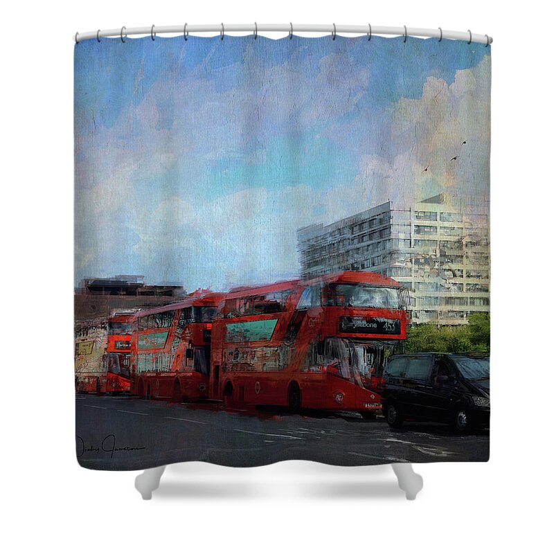 London Shower Curtain featuring the digital art Buses on Westminster Bridge by Nicky Jameson