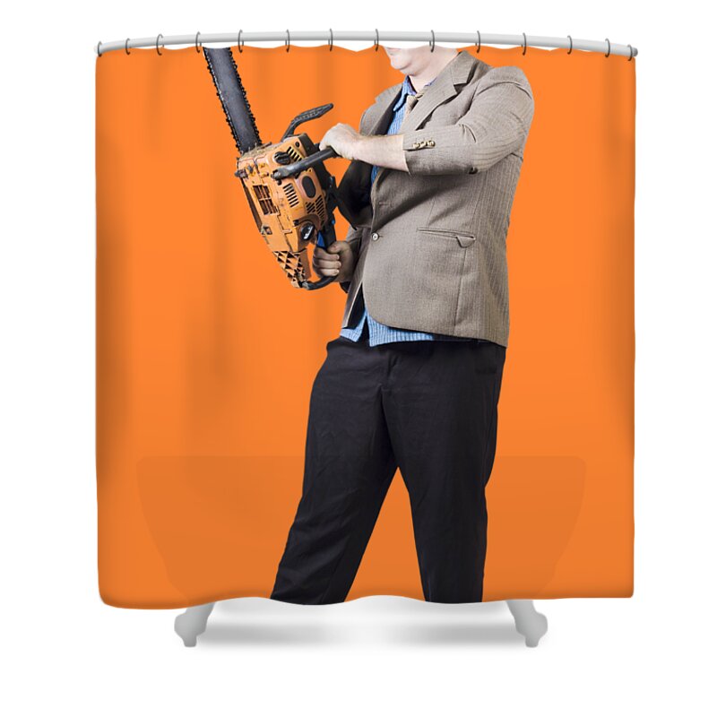 Chainsaw Shower Curtain featuring the photograph Businessman Holding Portable Chainsaw by Jorgo Photography