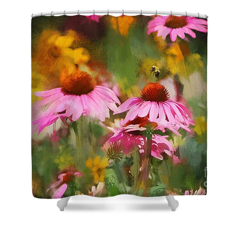 Coneflowers Shower Curtain featuring the mixed media Busy As A Bee by Tina LeCour
