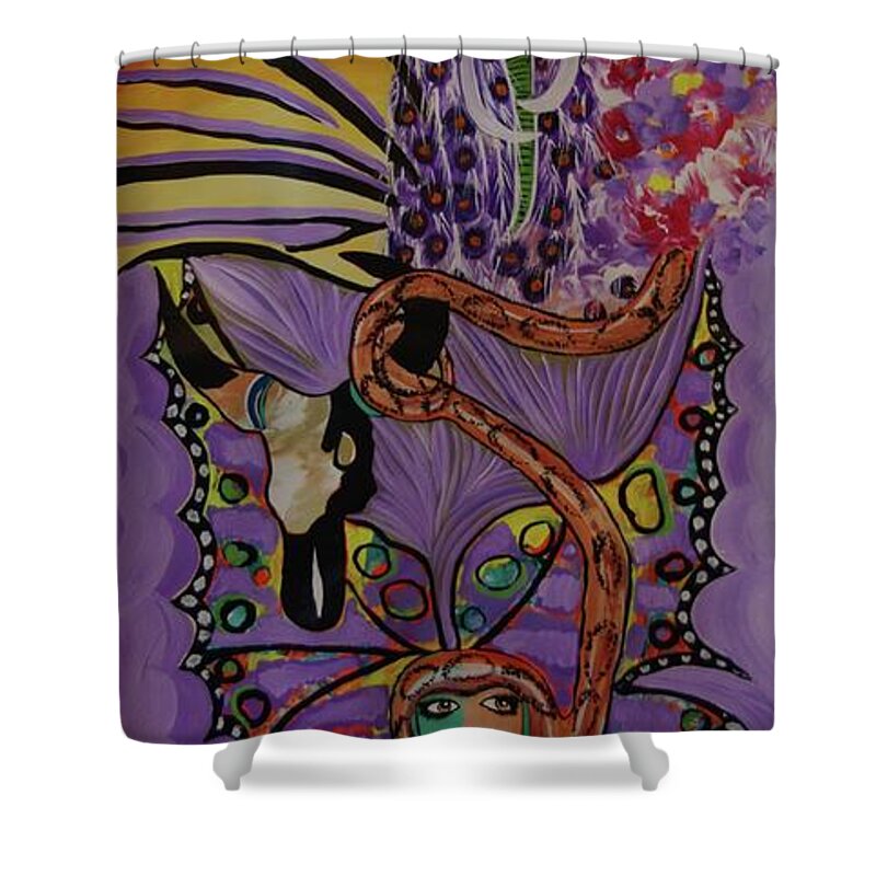 Acrylic Shower Curtain featuring the painting Butterfly Women and the peacock by Sima Amid Wewetzer