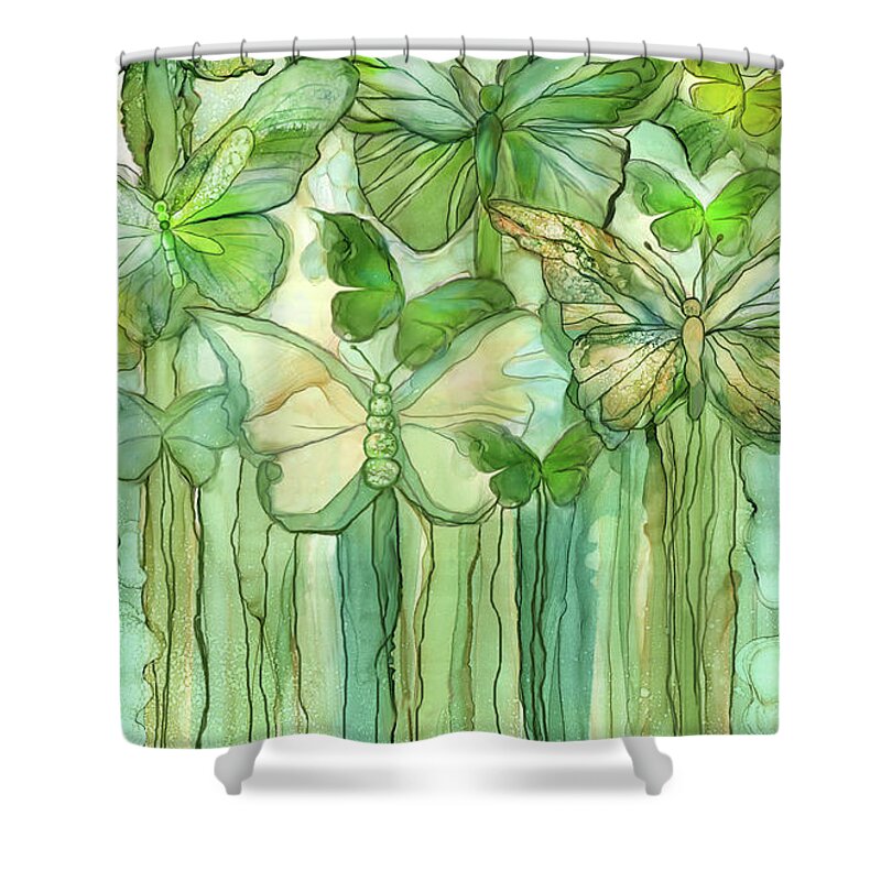 Carol Cavalaris Shower Curtain featuring the mixed media Butterfly Bloomies 3 - Yellow by Carol Cavalaris