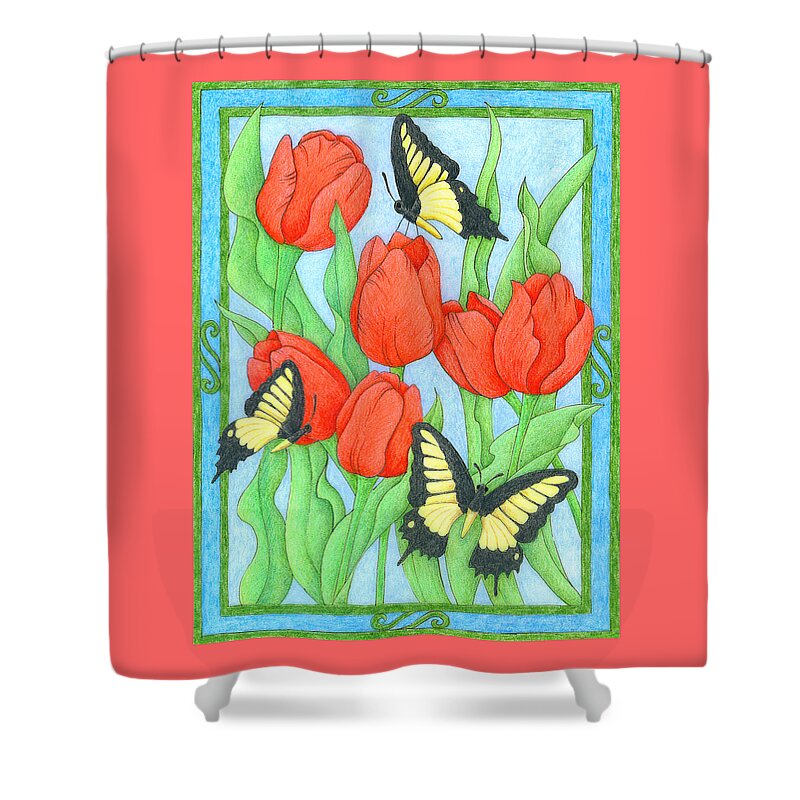 Flower Shower Curtain featuring the drawing Butterfly Idyll-Tulips by Alison Stein