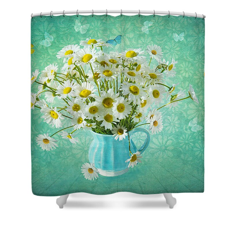 Daisy Shower Curtain featuring the photograph Butterfly Kisses and Flower Petal Wishes by Marina Kojukhova