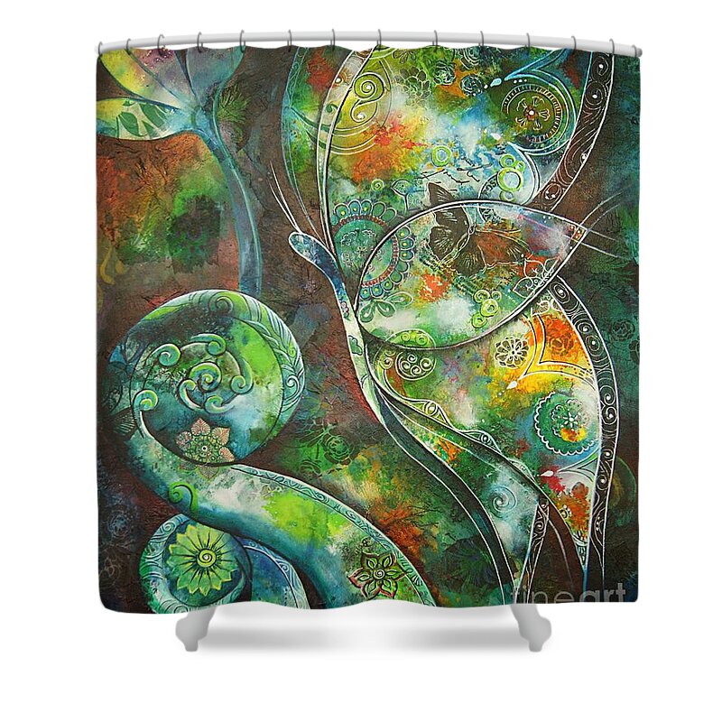 Butterfly Shower Curtain featuring the painting Butterfly with Koru by Reina Cottier by Reina Cottier