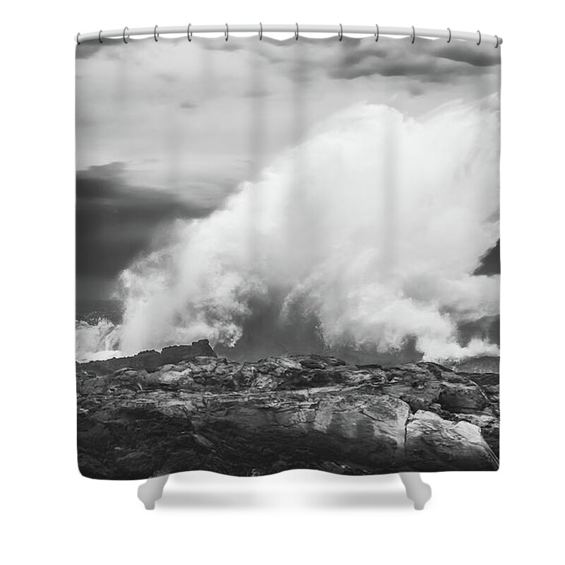 15 July 2013 Shower Curtain featuring the photograph BW Huge Wave Crashing on Tsitsikamma National Park South Africa by Jeff at JSJ Photography