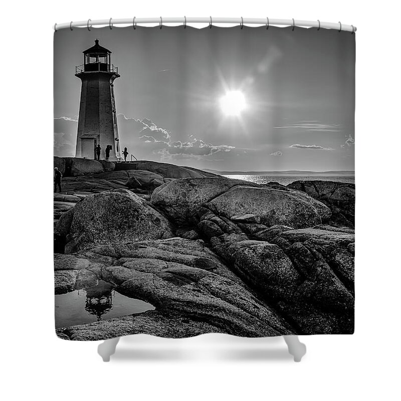 Peggys Cove Shower Curtain featuring the photograph BW of Iconic Lighthouse at Peggys Cove by Ken Morris