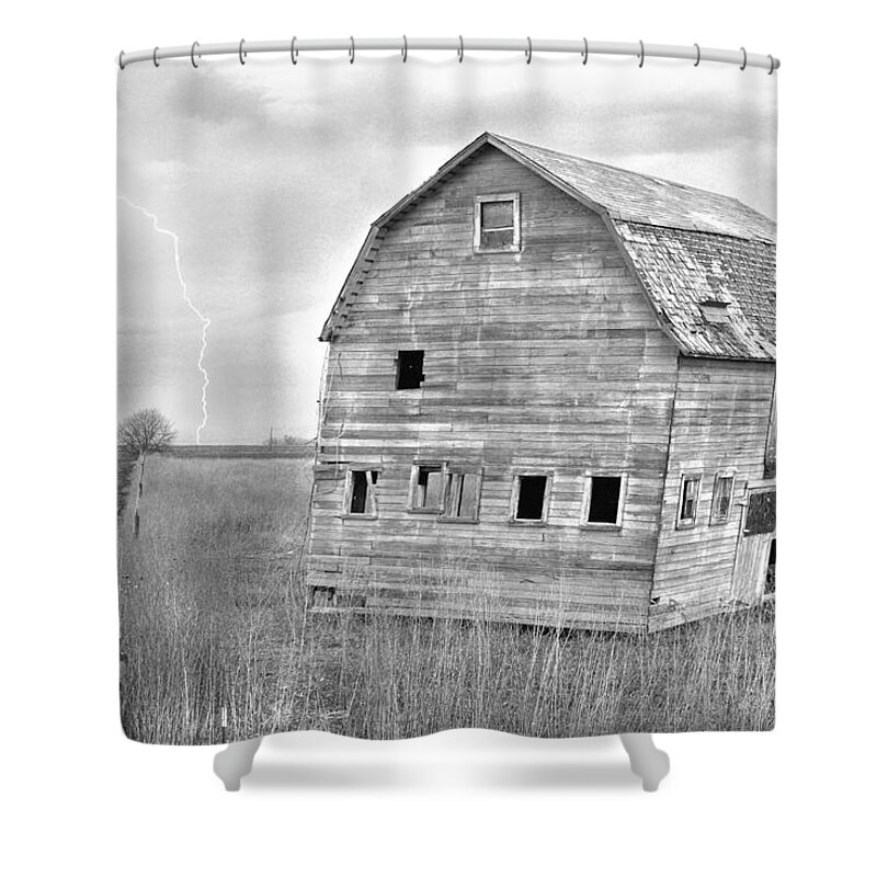Barns Shower Curtain featuring the photograph BW Rustic Barn Lightning Strike Fine Art Photo by James BO Insogna