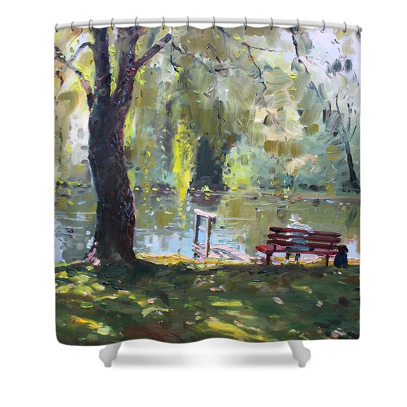 Lake Shower Curtain featuring the painting By The Lake by Ylli Haruni