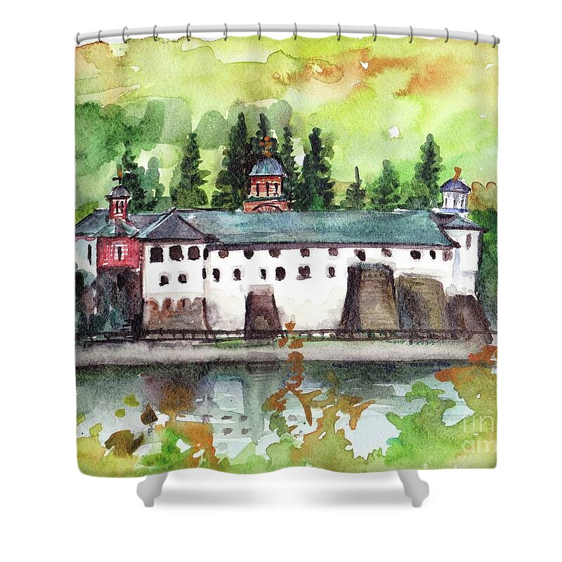 Landscape Shower Curtain featuring the painting By the River by Oana Godeanu