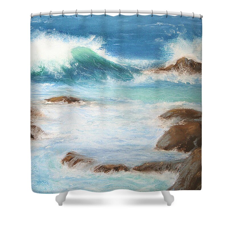 Seascape Shower Curtain featuring the pastel By the Sea by Marna Edwards Flavell