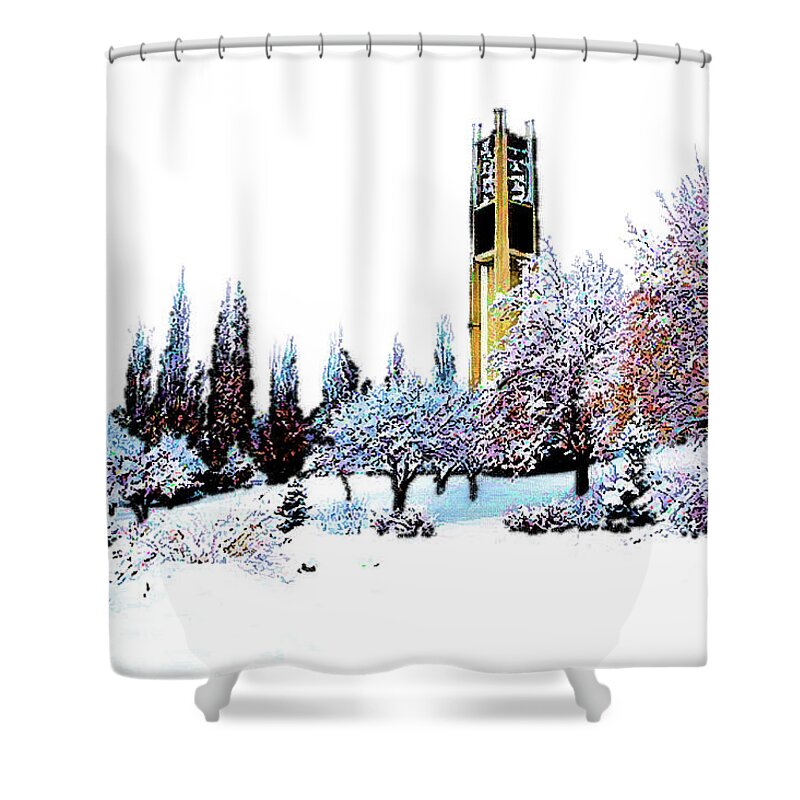 Byu Shower Curtain featuring the mixed media BYU Bell Tower by DJ Fessenden
