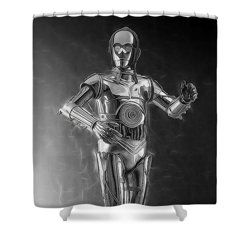 Starwars Shower Curtain featuring the digital art C3PO One of the Rat Pack by Scott Campbell