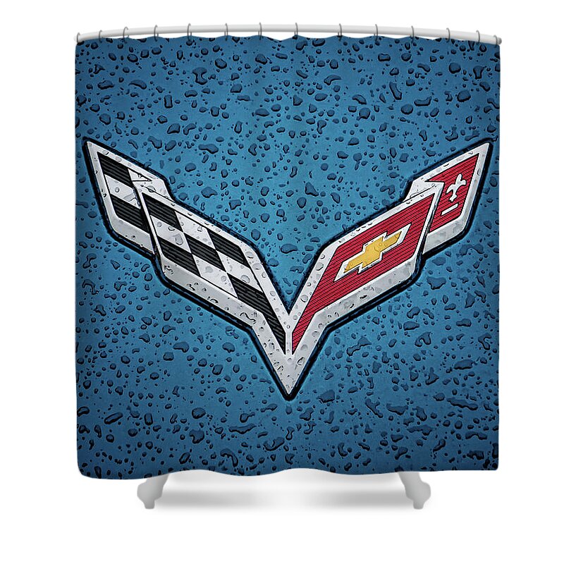 Corvette Shower Curtain featuring the digital art C7 Badge Blue by Douglas Pittman