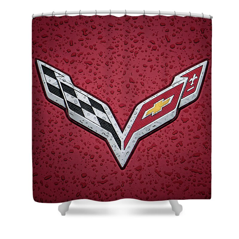 Corvette Shower Curtain featuring the digital art C7 Badge Red by Douglas Pittman