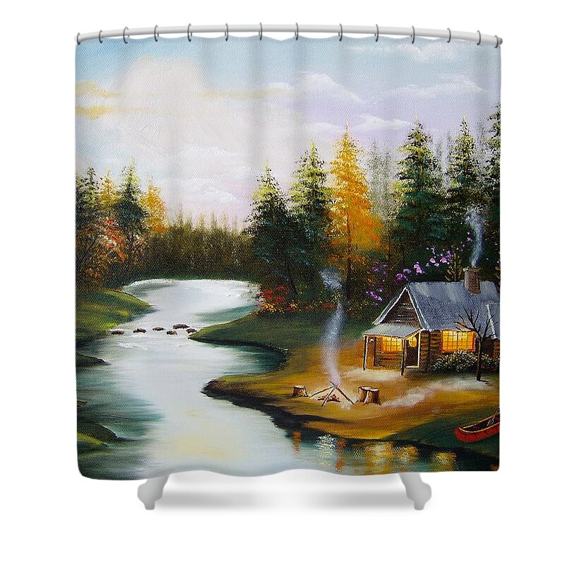 Cabin Shower Curtain featuring the painting Cabin by the River by Debra Campbell