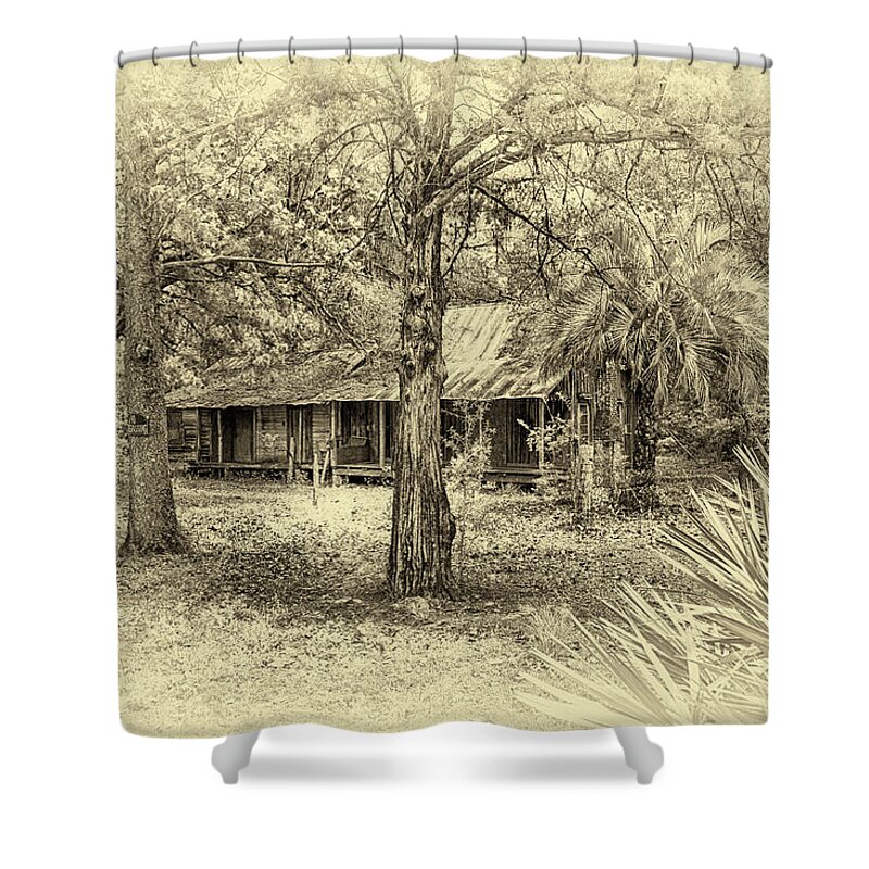 Cabin # Woods # Florida # Rural # # Alachua County # Old Cabin # Old # Black And White Photography # Old Building # Central Florida # Shower Curtain featuring the photograph Cabin in the woods by Louis Ferreira