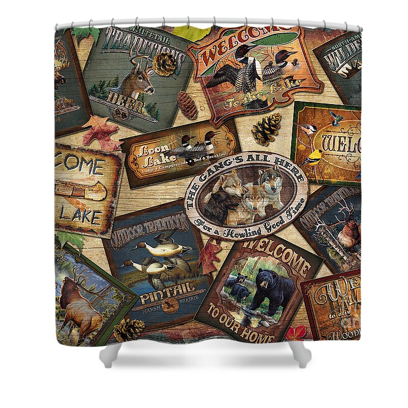 Cynthie Fisher Shower Curtain featuring the painting Cabin sign collage by JQ Licensing