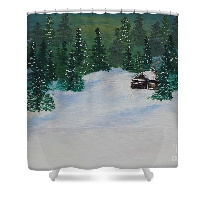 Snow Shower Curtain featuring the painting Cabins in the Woods by Jimmy Clark