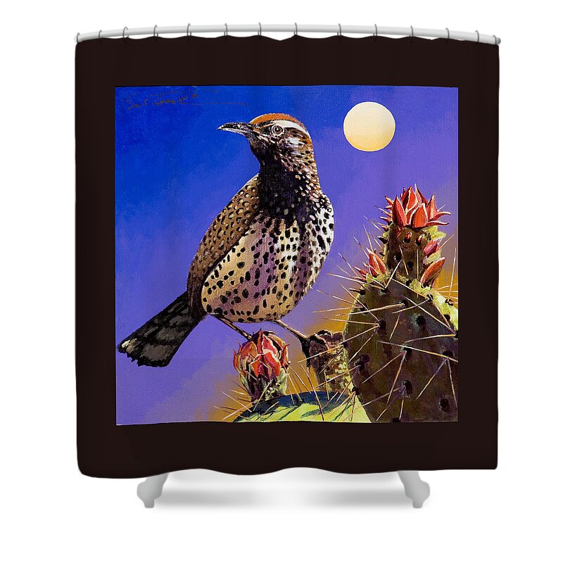 Imaginary Realism Shower Curtain featuring the painting Cactus Wren by Bob Coonts