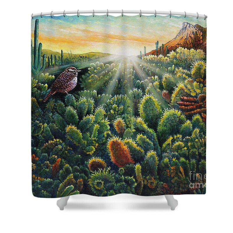 Cactus Wren Shower Curtain featuring the painting Cactus Wren by Michael Frank
