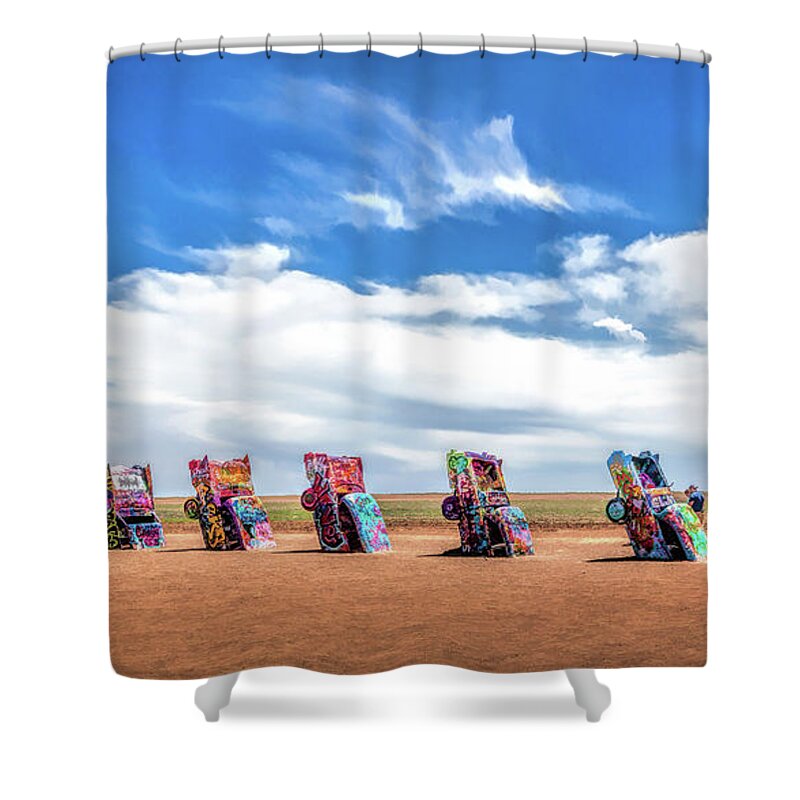 Cadillac Ranch Shower Curtain featuring the painting Route 66 Cadillac Ranch by Christopher Arndt