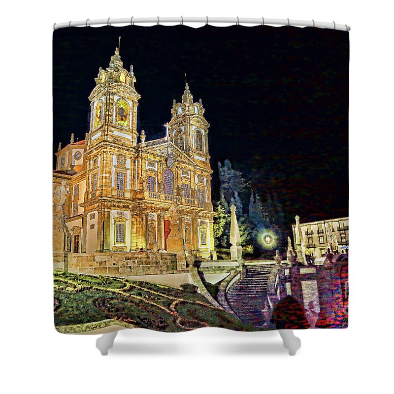Portugal Braga Cathedrals Night Fotos Shower Curtain featuring the photograph Cadral Lights by Rick Bragan