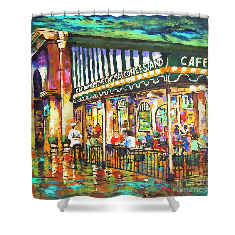 New Orleans Art Shower Curtain featuring the painting Cafe du Monde Night by Dianne Parks