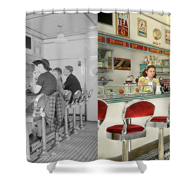 Amsterdam Ny Shower Curtain featuring the photograph Cafe - The local hangout 1941 - Side by Side by Mike Savad