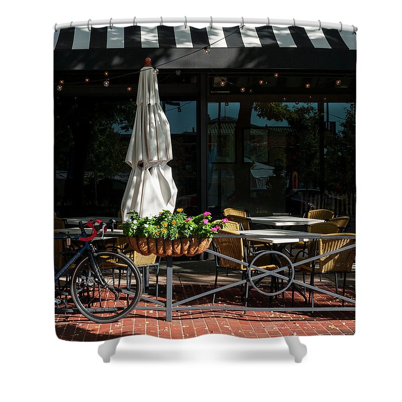 City Shower Curtain featuring the photograph Cafe Umbrella 3105 by Ginger Stein