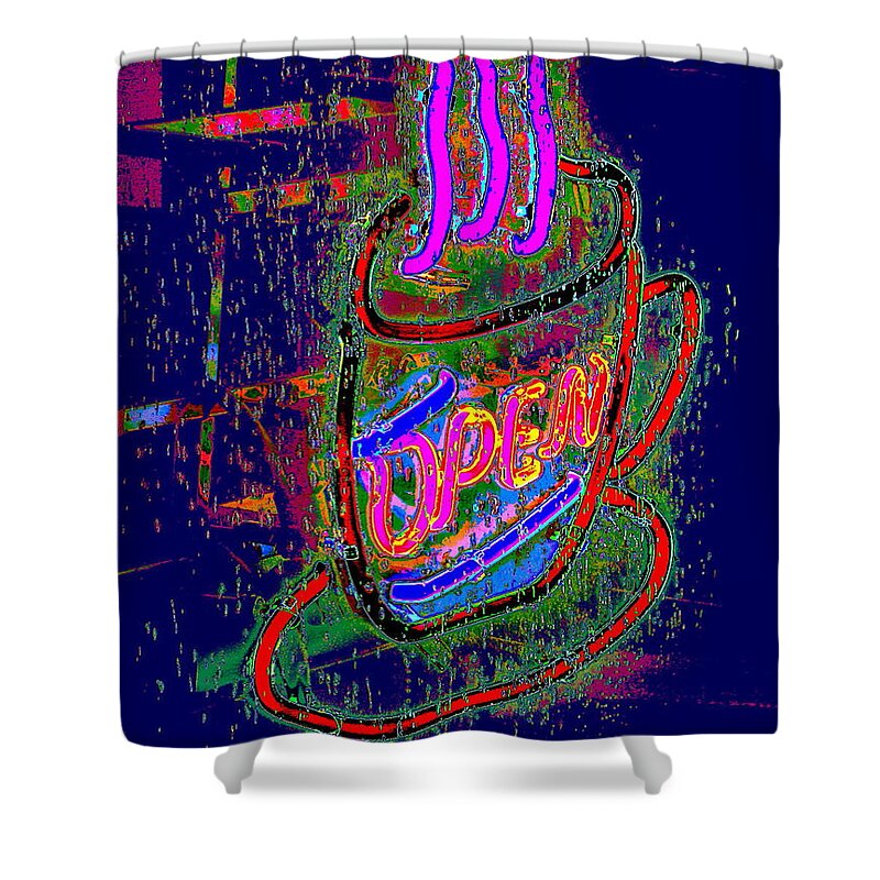Neon Shower Curtain featuring the photograph Caffeine Light Is Lit by Larry Beat