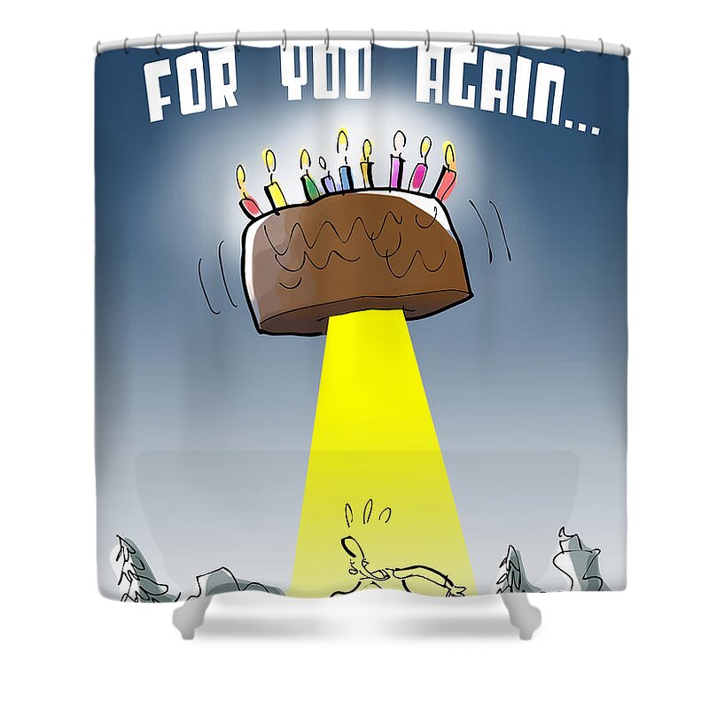 Birthday Shower Curtain featuring the digital art Cake Spaceship by Mark Armstrong